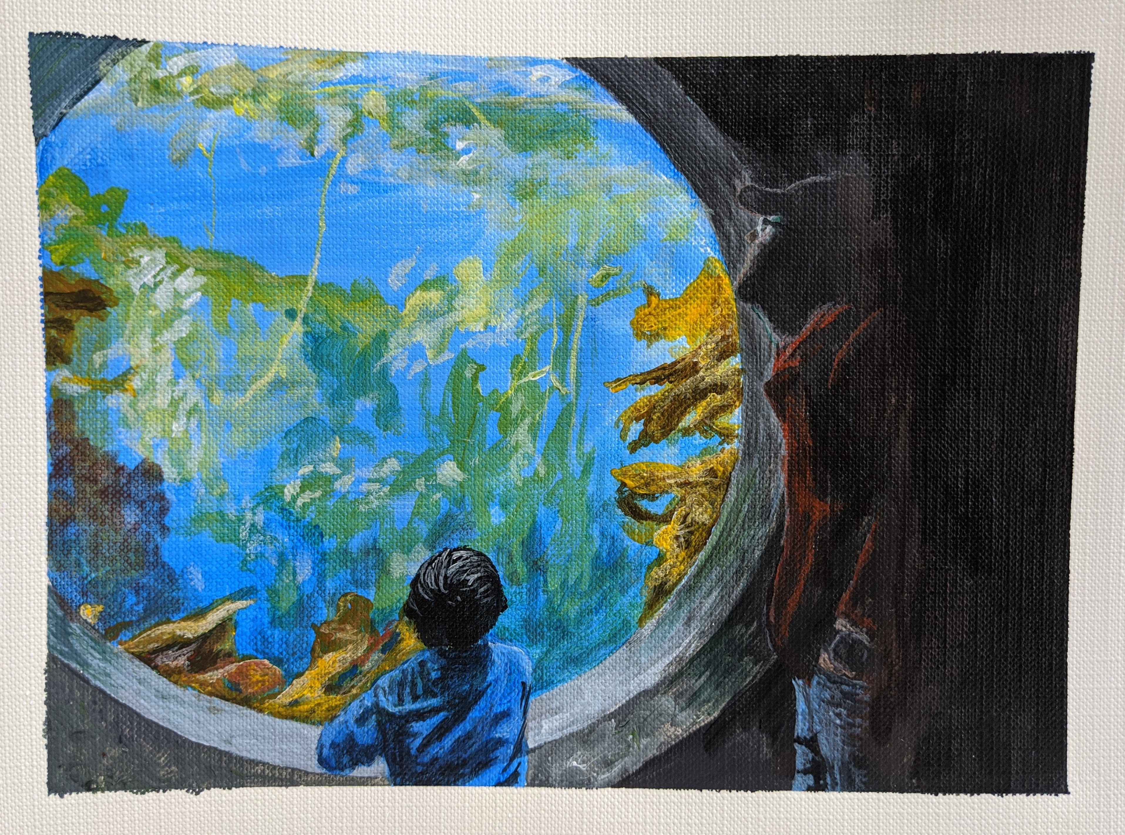 A painting of the artist’s husband and son looking into an aquarium tank at Monterey Bay Aquarium